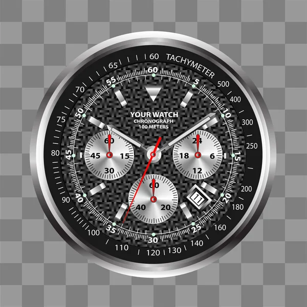 Realistische Horloge Klok Chronograaf Rvs Zwarte Wijzerplaat Ontwerp Luxe Geruite — Stockvector