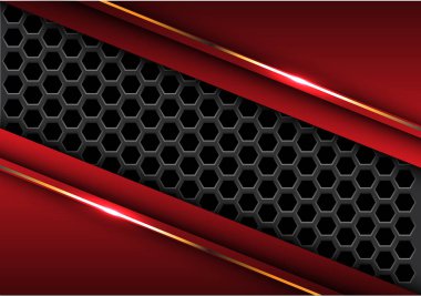 Soyut koyu gri altıgen kafes içinde kırmızı üçgen altın çizgi tasarım modern futuristik arka plan vektör çizim.