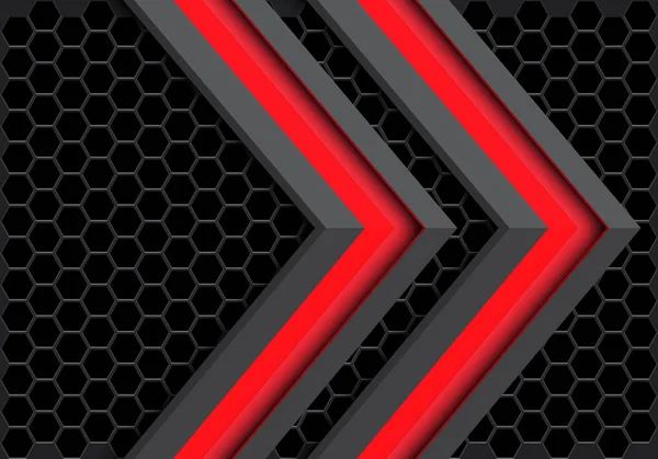 Resumo gêmeo vermelho cinza seta direção no padrão de malha hexágono escuro design moderno futurista tecnologia fundo vetor ilustração. — Vetor de Stock