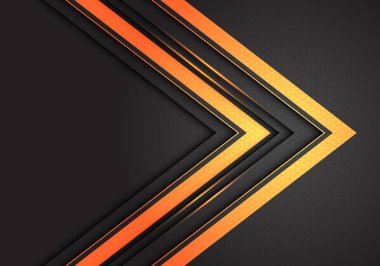 Koyu gri altıgen örgü üzerinde soyut çift altın ok yönü modern lüks fütüristik arkaplan çizimi.