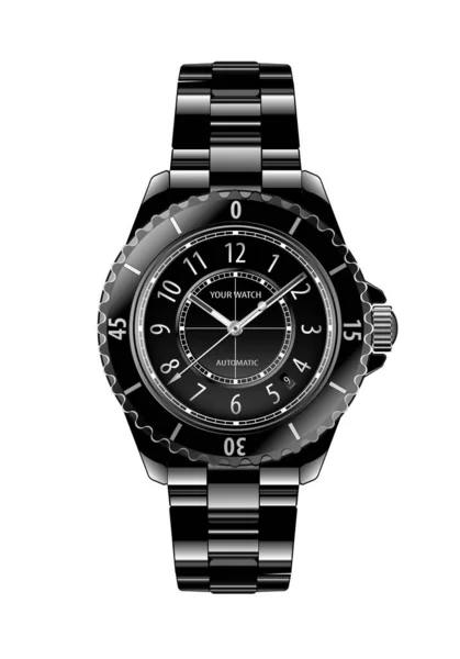 Realistische Schwarze Chronograph Armbanduhr Metallisch Weiße Zahl Design Luxus Auf — Stockvektor