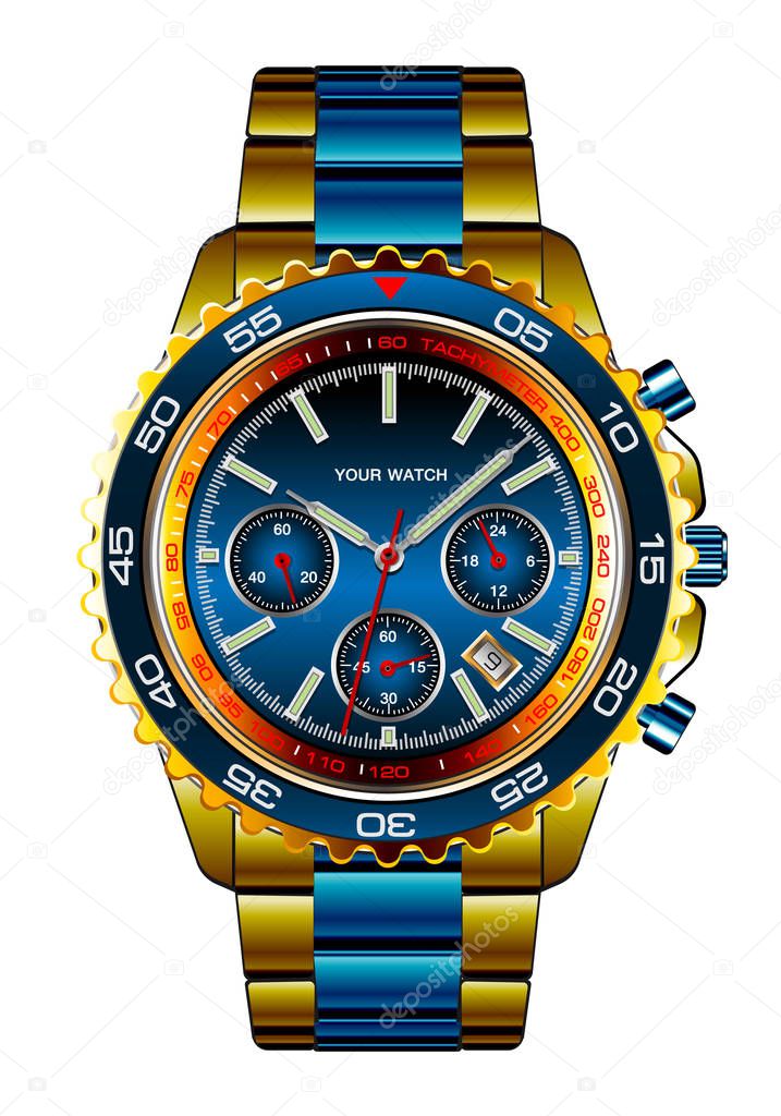 Realistic wristwatch chronograph gold blue metallic design for men luxury on white background vector illustration.