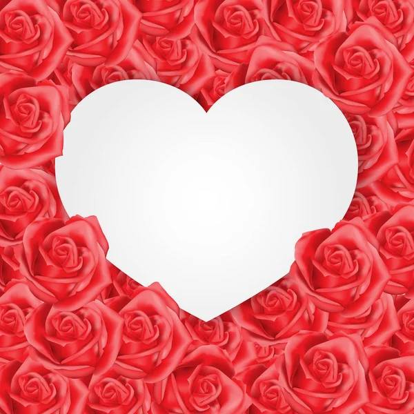 Papel blanco del corazón en la tarjeta de rosas rojas para el feliz día de San Valentín amor fiesta festival celebración vector — Vector de stock