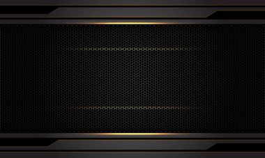 Siyah altıgen ağ desenli üzerinde soyut koyu gri metalik altın ışık modern fütürist teknoloji arkaplan çizimi tasarımı.