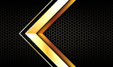 Karanlık altıgen örgüsü üzerinde soyut altın ok yönü modern lüks fütüristik arkaplan çizimi.