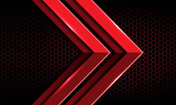 Abstrato flecha vermelha dupla direção de metal brilhante no design de padrão de malha hexágono escuro moderno futurista fundo vetor ilustração . — Vetor de Stock