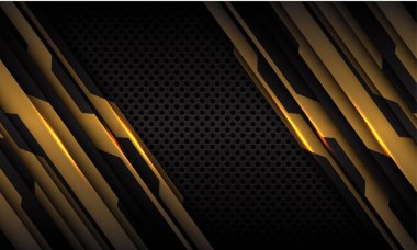 Soyut altın devre metalik desen ve koyu gri çember örgü tasarımı modern fütüristik teknoloji arkaplan dokusu çizimi.