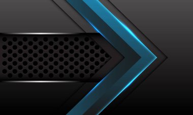 Koyu çember örgüsü desenli gri metalik üzerinde soyut mavi ok yönü modern fütüristik teknoloji tarzı arkaplan çizimi.