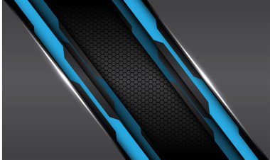 Gri metalik üzerinde soyut mavi devre çizgisi ve koyu altıgen ağ desenli modern fütüristik teknoloji tarzı arkaplan çizimi..