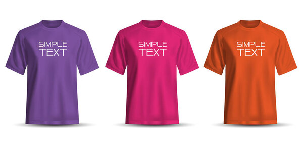 Realistic T-Shirt short sleeve front view purple pink orange set collection and simple text on white background vector illustration.