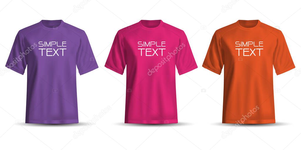Realistic T-Shirt short sleeve front view purple pink orange set collection and simple text on white background vector illustration.