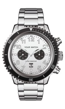 Beyaz arkaplan çizimi üzerindeki paslanmaz çeliği kronografiye göre gerçekçi saat..