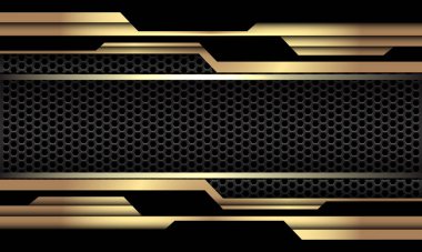 Koyu gri altıgen örgü üzerine soyut altın renkli siyah geometrik devre siber tasarımı modern lüks fütüristik teknoloji arka plan çizimi.