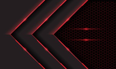 Karanlık altıgen ağ desenli modern fütüristik teknoloji arkaplan çizimi üzerinde soyut üçlü kırmızı siber ışık oku yönü.