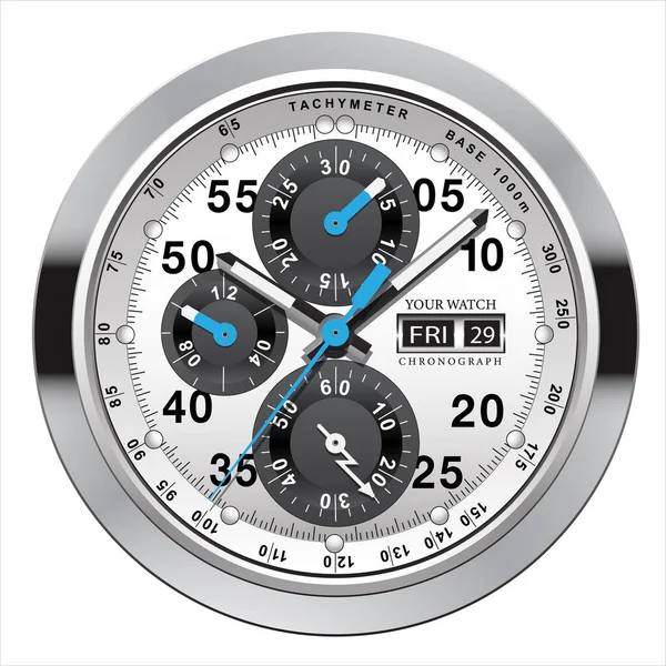 Reloj Realista Cronógrafo Acero Plata Gris Azul Flecha Negro Número — Vector de stock