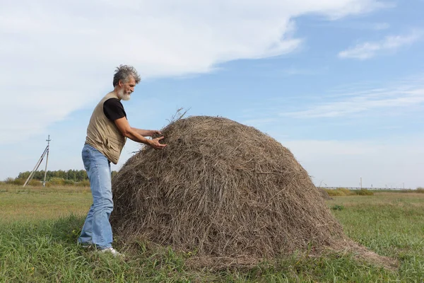 Man with a beard forming a haystack in the field in autumn — Stock Photo, Image