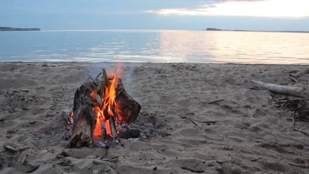 Vreugdevuur branden op de rivieroever op de zonsondergang — Stockvideo