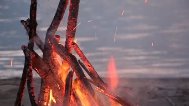 Vreugdevuur branden op de rivieroever op de zonsondergang — Stockvideo