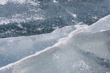 Baharda nehrin buzlu yüzeyinde çatlaklar