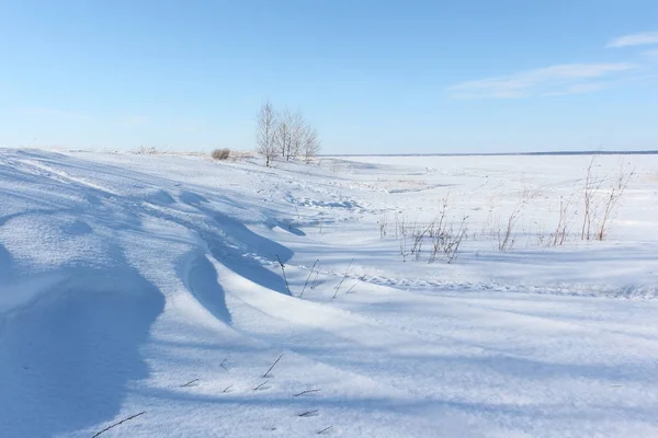 Snow island on the river in winter, Khrenovy Island,  Ob river, Siberia, Russia