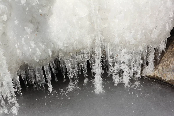 Icicles in  rime on a stone on a freezing river — Stock Photo, Image