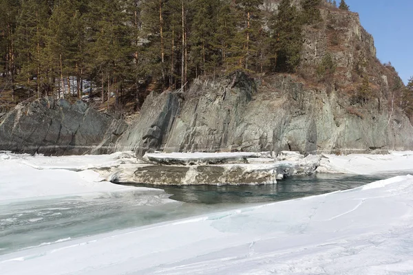 Ice melting in the river in early spring, Katun River, Russia — Stock Photo, Image