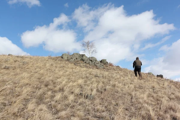 Nordic Walking - взрослый мужчина, поднимающийся на вершину горы — стоковое фото