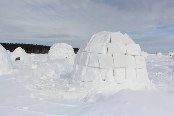 圆顶冰屋站在白雪皑皑的空地在冬天 — 图库照片