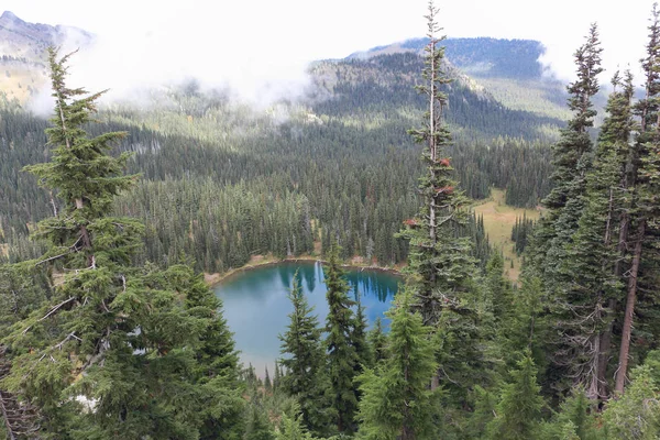 Sunrise Lake with overhanging white clouds near Mount Rainier, USA — Stock Photo, Image