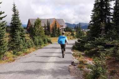 Rainier Dağı yakınlarındaki bir dağ yolunda yürüyen adam, Usa