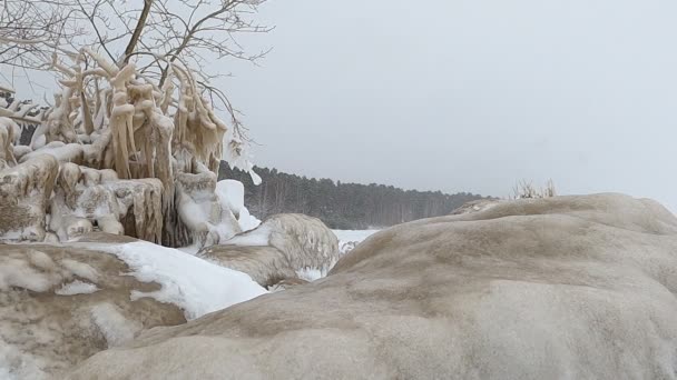 Pedras Geladas Ramos Árvore Uma Margem Rio Uma Tempestade Neve — Vídeo de Stock