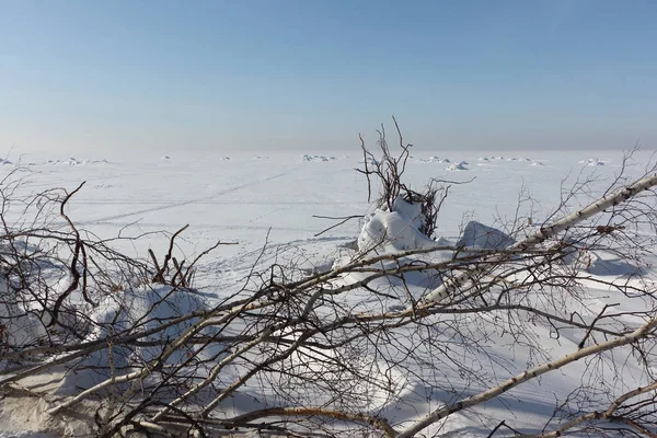 Uitzicht op de bevroren rivier vanaf het eiland, eiland — Stockfoto