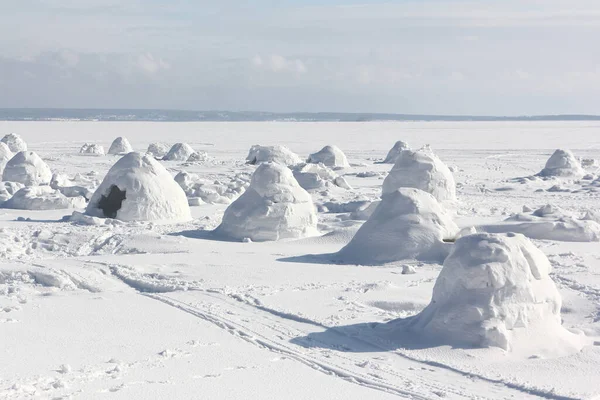 Igloo Kışın Karlı Bir Rezervuarın Üzerinde Duruyor Novosibirsk Rusya — Stok fotoğraf