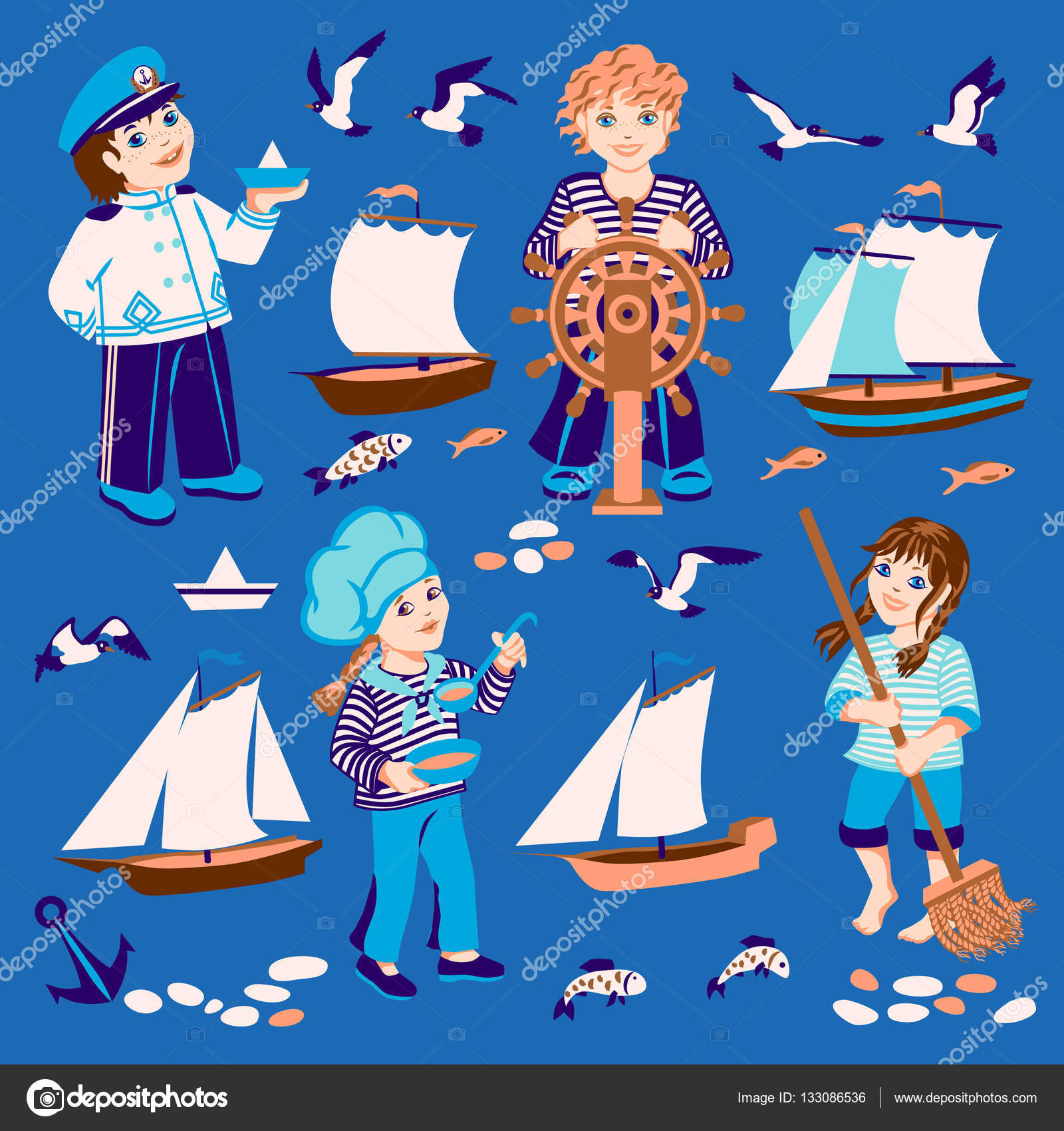 Navale Set di personaggi dei cartoni animati capitano marinaio cuoco sterzo pesce Gabbiano Barche a vela — Vettoriali di vitasunny