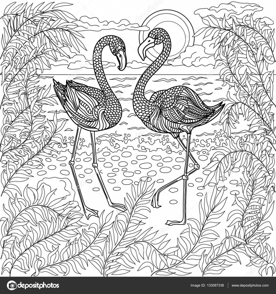 La Main Doiseaux Dessinés Flamants Roses Sur La Plage De