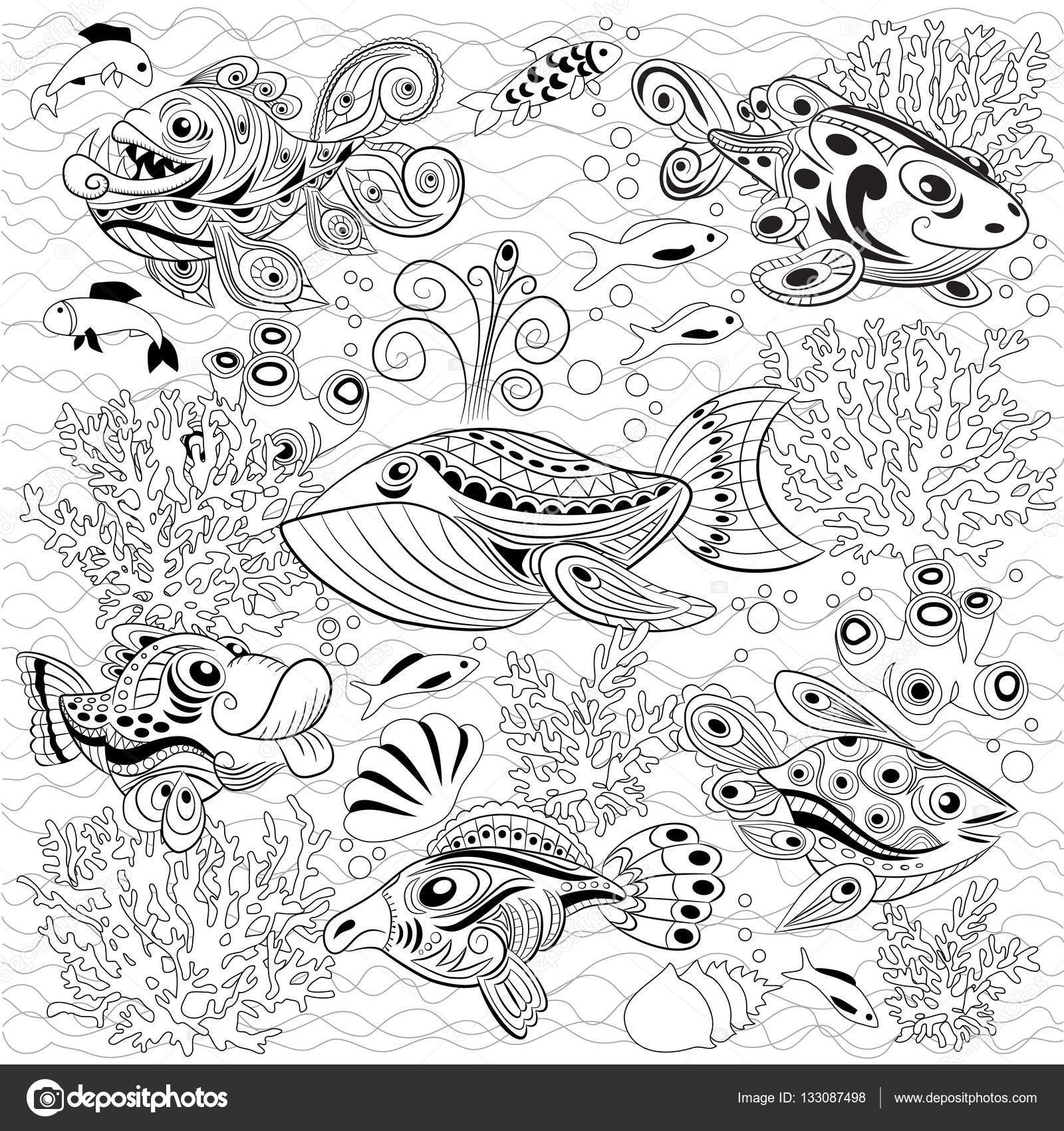Disegnato a mano sfondo zentangle inchiostro con molti pesci nell acqua Disegno di vita di mare per relax e meditazione Illustrazione del modello bianco e