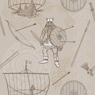 Dikişsiz desen Viking hayat. Kroki. Vektör çizim.