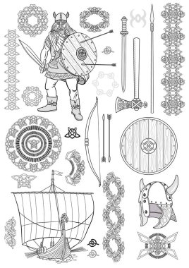 Set Viking life. Sketch. Vector illustration. clipart