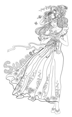 Yetişkin kız-yaz, çiçek ve butterfli için sayfa boyama