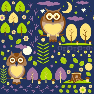 Gece baykuş, ağaç, mantar ve çiçekler ile Seamless Modeli
