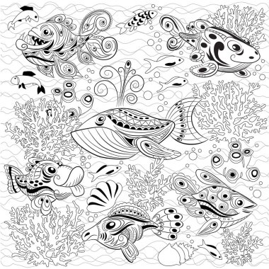 El mürekkep zentangle arka plan ile birçok balıkçı wate içinde çekilmiş.