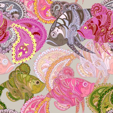 Renkli zentangl ile Seamless Modeli doodle balıklar. Vintage