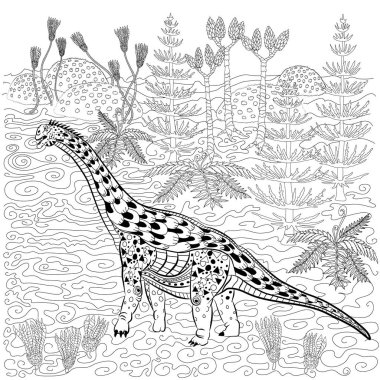 Doğada Diplodocus. Yetişkinler için Antistress boyama kitabı