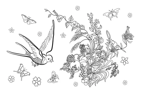 Страница раскраски для взрослых с цветами, птицами и бабочками — стоковый вектор