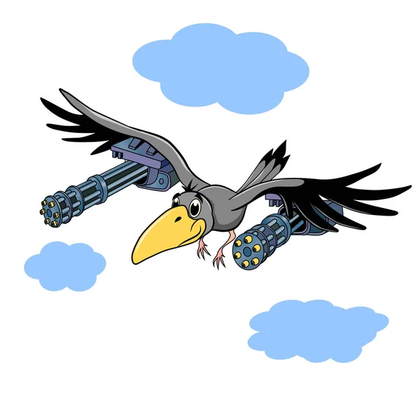 Desenhos animados Fanny lutando lutador corvo com duas armas sob asas — Vetor de Stock