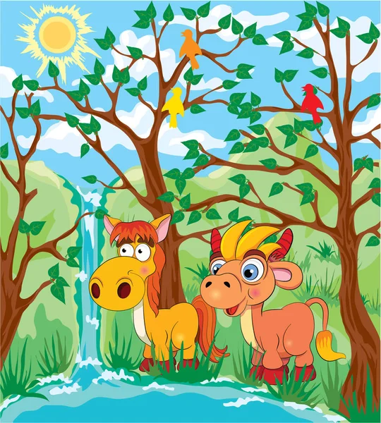 Funny Horse and Cow in the valley. Vector illustration — Stock Vector