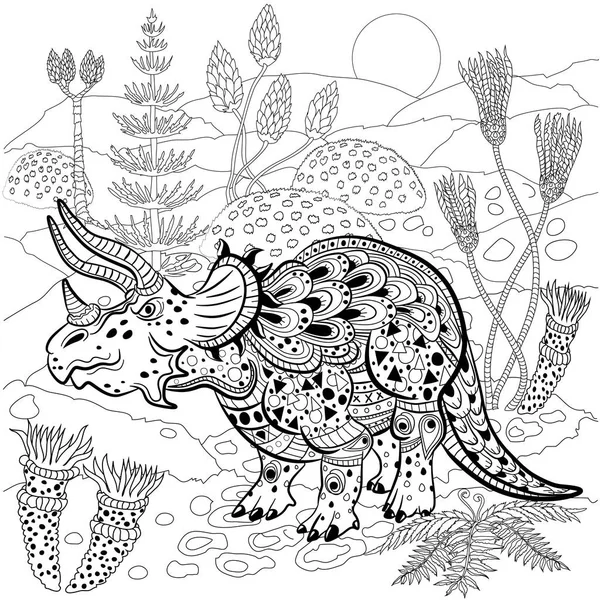 Triceratops in der Natur. Antistress-Malbuch für Erwachsene — Stockvektor