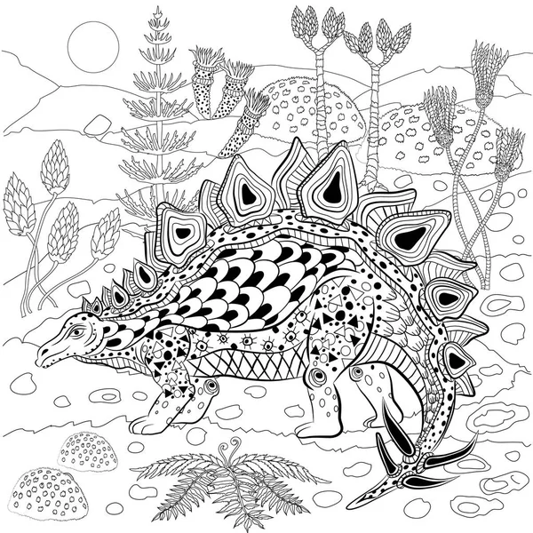 Stegosaurus dans la nature. Livre à colorier antistress pour adultes — Image vectorielle