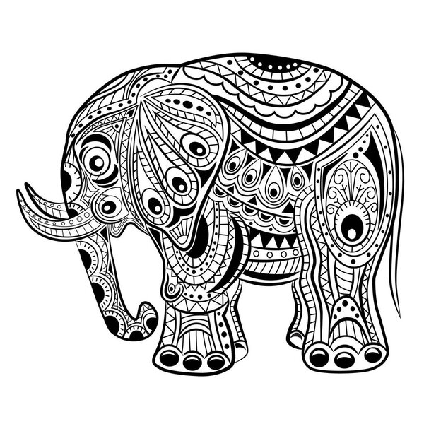 Hand drawn ink zentangle elephant for relax and meditation