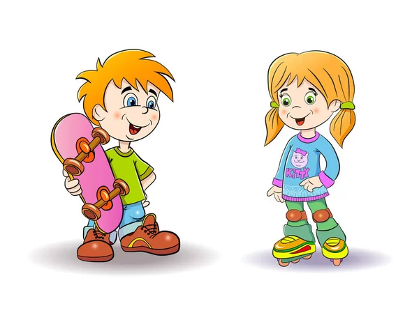 Cartoon funny boy with skateboard, and girl on roller skates — Stock Vector